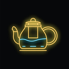 Neon glowing teapot with boiling water and steam on a black background, perfect for representing tea time