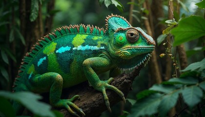 Close up of a green chameleon on a branch in rainforest setting. Wildlife, tropical reptile, chameleon colors