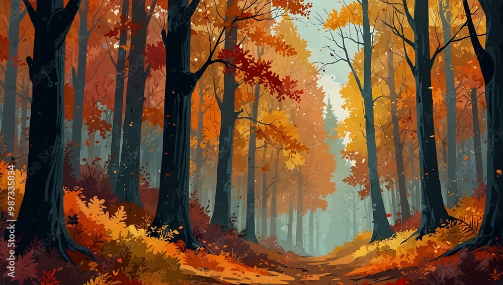 Wall mural an autumn forest illustration with colorful trees.