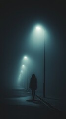 Silhouette of a lone figure walking in dense fog with sharp contrasts between the glowing streetlights and surrounding darkness