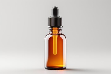 A 3D rendering of an amber glass dropper bottle, isolated on a white background. The bottle is rendered with realistic textures and lighting