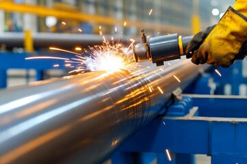 A worker is welding steel pipes in the factory, creating sparks and light. The setting includes an industrial environment with multiple steel pipelines stretching across the frame