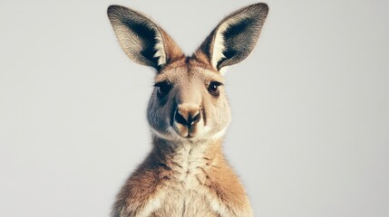 A close up portrait of a kangaroo with large ears looking directly at the camera on a grey background.