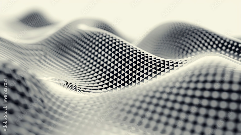 Poster flowing dots particles wave pattern 3d curve halftone black gradient curve shape isolated on white b