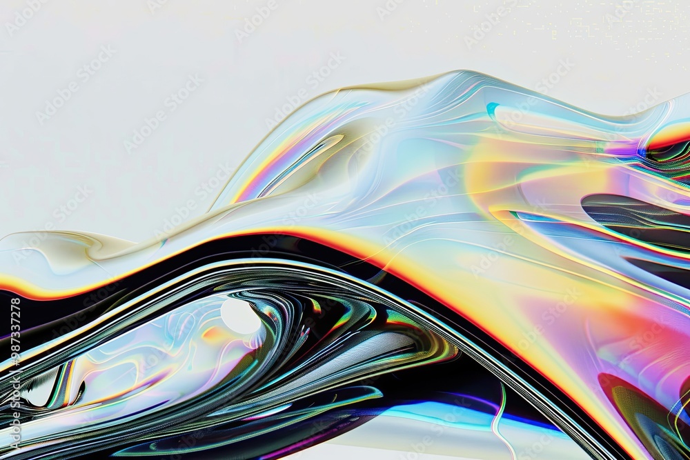 Poster an abstract image with smooth, wavy lines, shimmering transparent and mirror surfaces. it is dominat