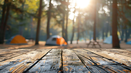 Wooden planks in foreground, blurred campsite with tents and picnic tables.