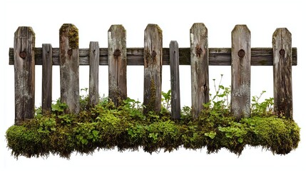 Naklejka premium one single wooden fence covered in moss isolated on white background