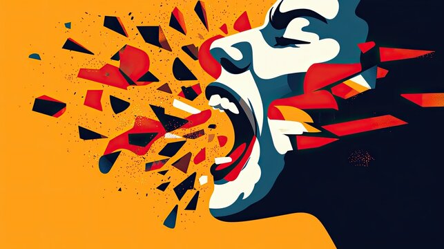 Creative representation of verbal abuse through distorted speech patterns and fragmented imagery, focusing on emotional turbulence in flat design style