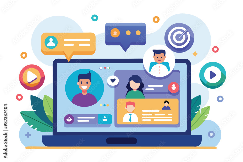 Poster illustration of a laptop screen displaying social media profiles and virtual interaction elements, s