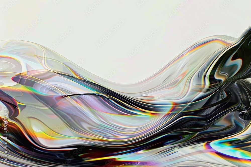 Poster an abstract image with smooth, wavy lines, shimmering transparent and mirror surfaces. it is dominat