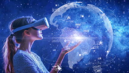 High-tech futuristic woman interacting with a digital globe