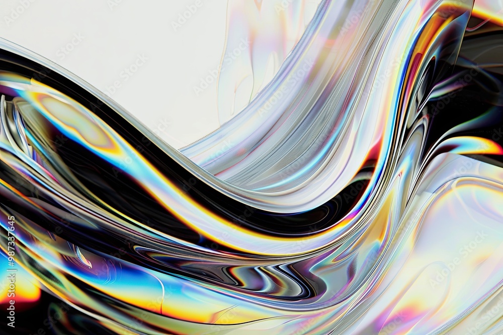 Poster an abstract image with smooth, wavy lines, shimmering transparent and mirror surfaces. it is dominat