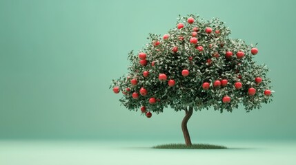 Fototapeta premium Stunning 3D render of an apple tree with red apples, set on a gradient soft green background.