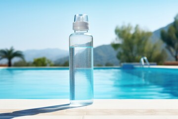 Naklejka premium A clear water bottle perched precariously on the edge of a swimming pool, capturing the essence of summer