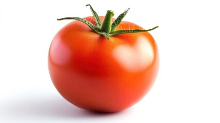 A single, ripe, orange tomato with a green stem on a white background.