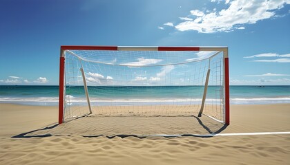 Beach soccer goal under a clear sky with vibrant sea and sandy shore, perfect for summer sports...