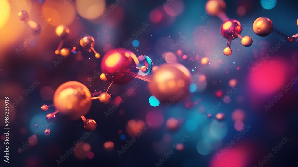 Poster abstract 3d rendering of a molecule with glowing spheres and vibrant colors.