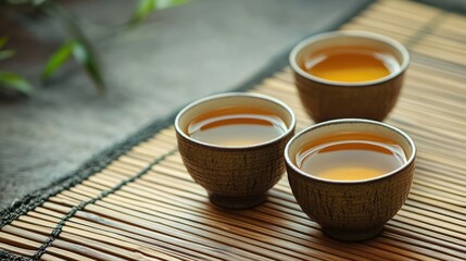 Two dainty cups of hot tea set atop a bamboo mat, evoking calm and tranquility.
