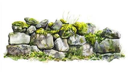 watercolor painting of one stone wall covered in moss isolated on white background