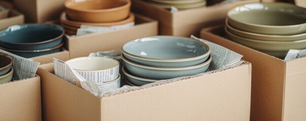 A collection of various stacked plates and bowls, neatly packed in cardboard boxes with protective wrapping.