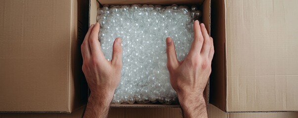 A person's hands open a cardboard box filled with packing peanuts, ready to reveal its contents.