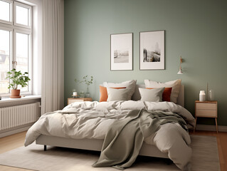 Wabi sabi and japandi japanese style rustic bedroom interior with sage walls and bed with pillows. Minimalist rustic interior.