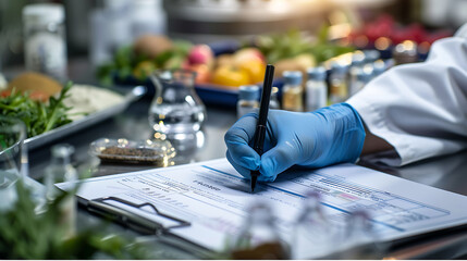 Fototapeta premium Scientist wearing gloves writes on clipboard with fresh produce in background.