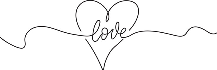 Abstract line heart icon and love lettering, Continuous line art drawing
