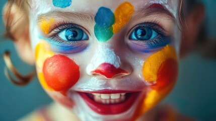 Close-up portrait of a young girl with colorful face paint smiling.