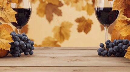 A rustic wooden table holds a colorful assortment of pumpkins and vegetables amidst a picturesque autumn forest backdrop, offering ample space for text related to the season.