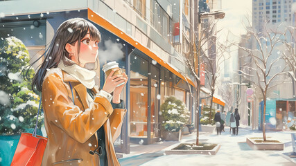 雪の街でホットコーヒーを楽しむ女性