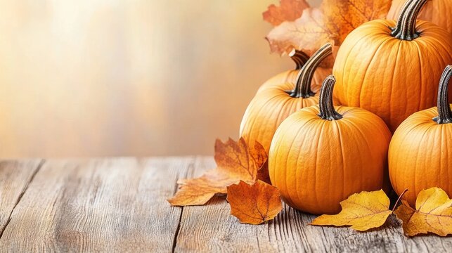 A rustic wooden table holds a colorful assortment of pumpkins and vegetables amidst a picturesque autumn forest backdrop, offering ample space for text related to the season.