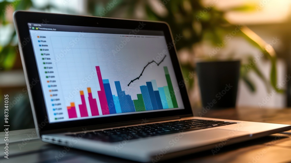 Poster laptop with a graph showing upward trend on the screen.