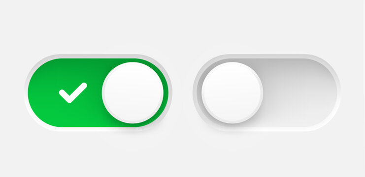 Interface toggle buttons set. On Off switch. 3d vector element idolated on white background
