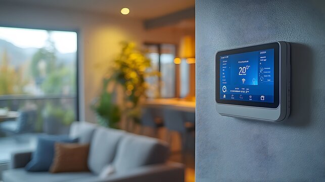 Smart home control panel mounted on a wall, displaying real-time data on energy usage, security, and automation