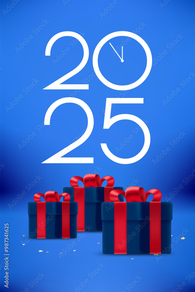 Poster happy new 2025 year greeting card. composition with digits and gift boxes. 3d vector