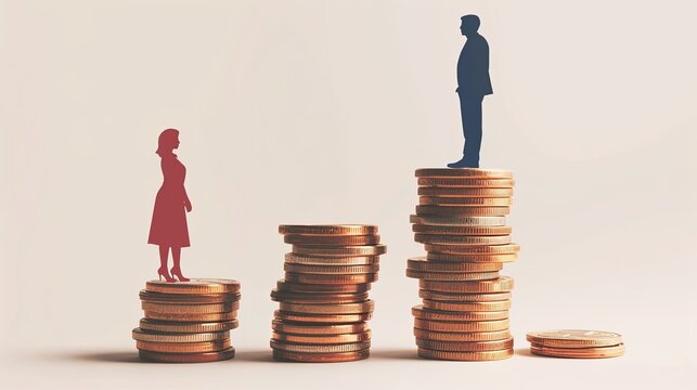 Gender pay gap inequality. Business man and woman on a stack of coins.