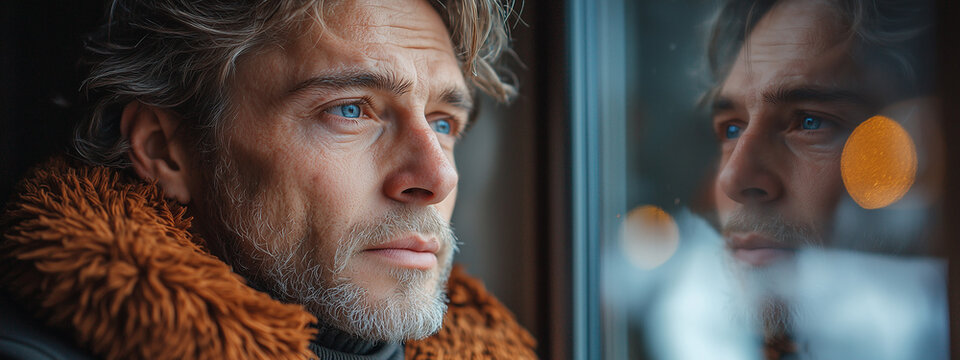  Concerned man with midlife crisis, confronts reflection in window, searching for mening of life.