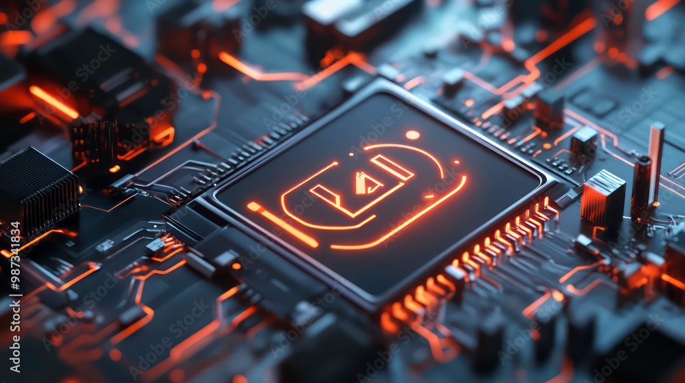 Poster close-up of a circuit board with a glowing symbol for artificial intelligence.
