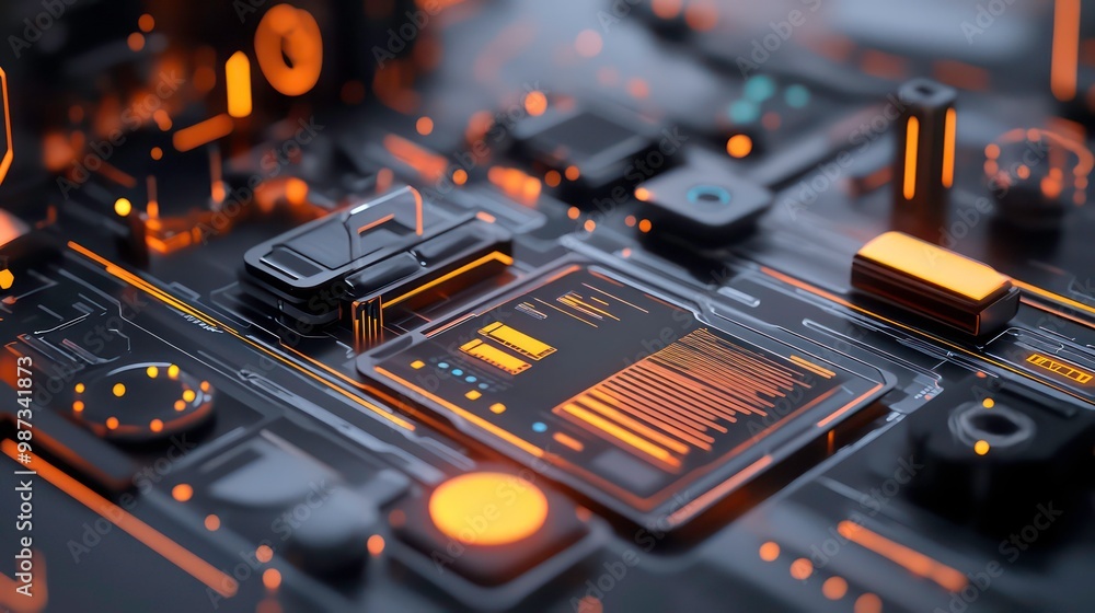 Poster abstract futuristic technology background with glowing orange lines and a black interface.