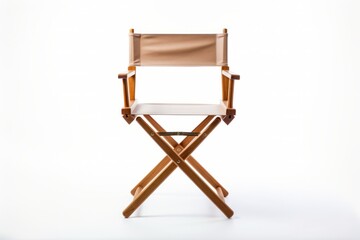 A folding wooden director's chair with a canvas seat and sturdy frame