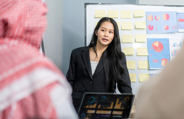 Female business professional leading presentation in corporate meeting, explaining data analysis and market research with visual aids on charts and post-it notes, discussing global business strategies