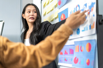 Young businesswoman leading a corporate presentation with global data charts and graphs, explaining business trends and strategies to colleagues during a team meeting in a modern office environment