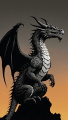 Black and white dragon silhouette vector.