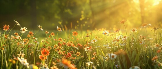 A secluded meadow bathed in golden sunlight, where wildflowers dance in the gentle breeze, in breathtaking photorealistic quality