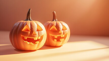 Carved jack-o'-lantern pumpkins with smiling faces sit against a soft peach background, highlighting a minimalist composition with warm ambient lighting for Halloween.