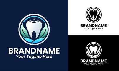 Modern Circular Teeth Logo Design with Leaf  for Dentist, Dental Clinic, Teeth Whitening Brand