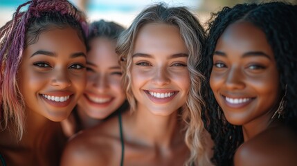 A group of women with varying hair colors and skin tones, smiling at the camera in an outdoor beach setting. The focus is on their faces showing diversity in beauty and happiness