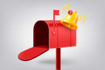 Postage box with notification bell. 3d vector illustration