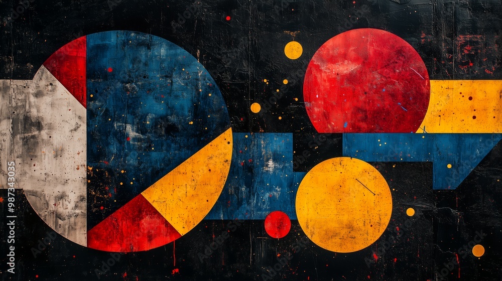 Fototapete a modern, abstract composition of geometric shapes in primary colors on an aged black background, wi